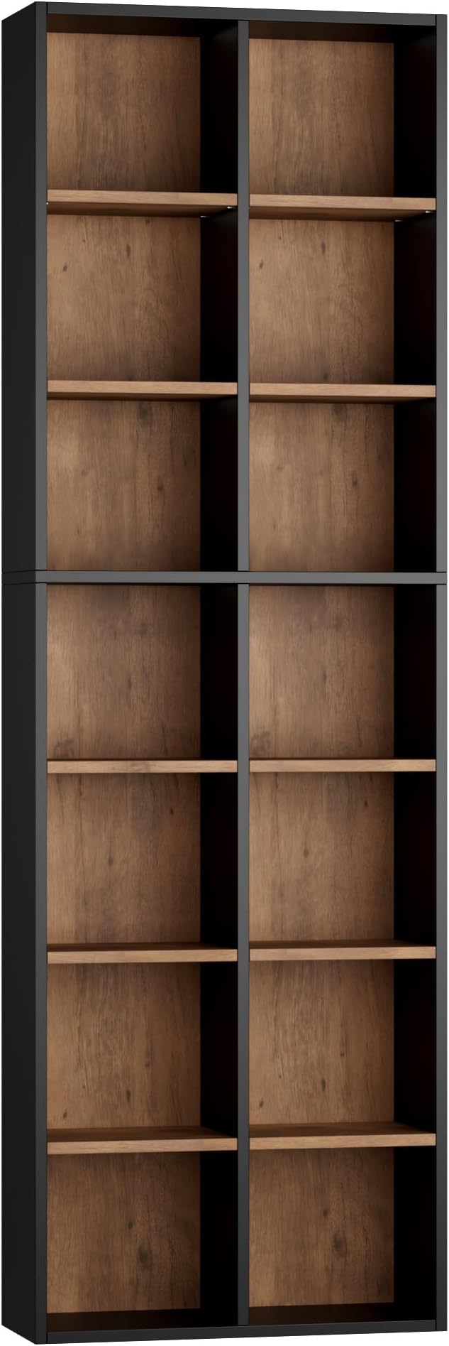 FOTOSOK 71'' Tall Bookshelf with 14 Cubes, 7 Tier Double Wide Wood Bookshelf with 6 Adjustable Shelves, 19.6" Narrow Bookcase DVD/CD Media Storage, Space Saving Display Shelf Cabinet, Black/Brown