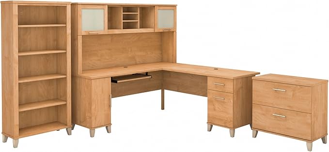 Bush Furniture Somerset 72W L Shaped Desk with Hutch, Lateral File Cabinet and Bookcase in Maple Cross | Computer Table for Home Office