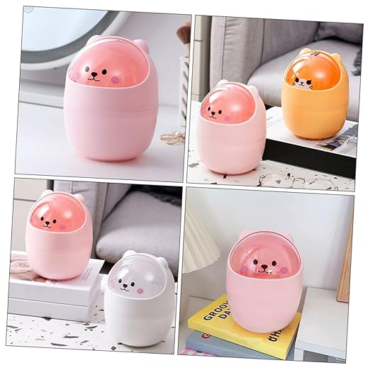 Luxshiny Cute Bear Desktop Trash Can Lid Mini Plastic Wastebasket for Home and Office Slim Garbage Bin for Bedroom and Desk