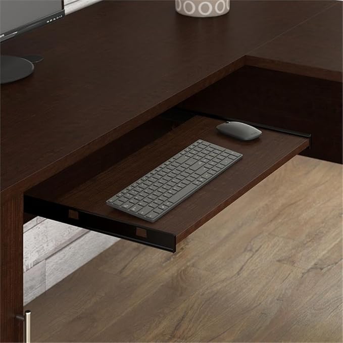 Pemberly Row 60W L Shaped Desk with Hutch and File Cabinet, Mocha Cherry Finish, Wire Management, Frosted Glass Doors, Full Extension Drawers, Transitional Office Furniture Set for Home or Workspace