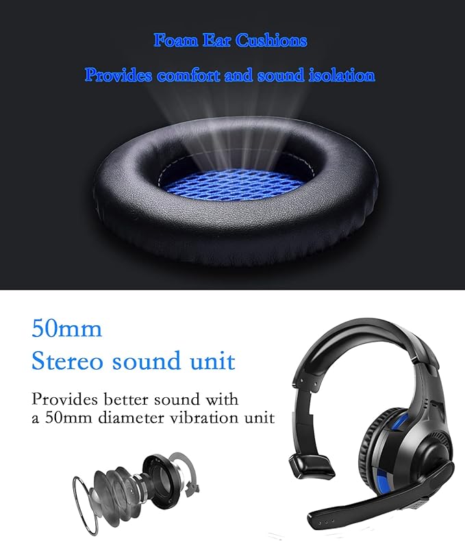 One Ear Gaming Headset for PS5/PS4/Xbox Series S/Xbox Series X, Wired Online Game Unilateral Headset, 50mm Drivers|Detachable Mic|3.5mm Headphone Jack for Switch Lite, Xbox One, Laptop/Phone