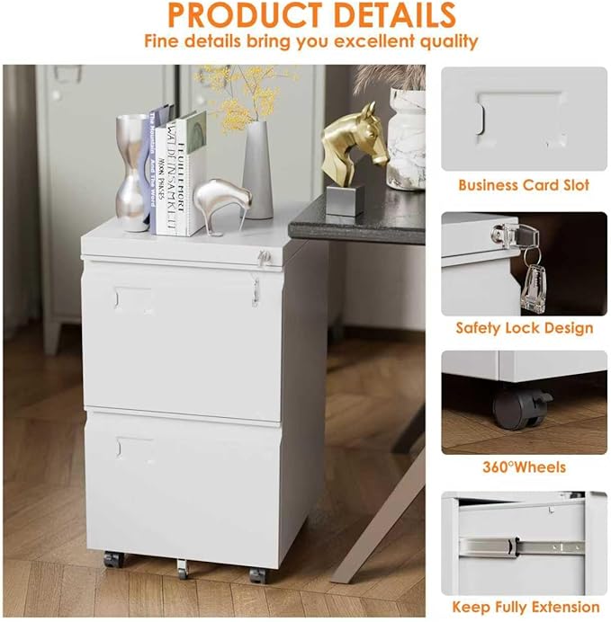 Reemoon File Cabinet 2 Drawer, Locking Filing Cabinet with Business Card Slot for Letter/Legal/F4/A4 Size Folders,Required Assembly,14.57" W x 17.36" D x 25.79" H,White