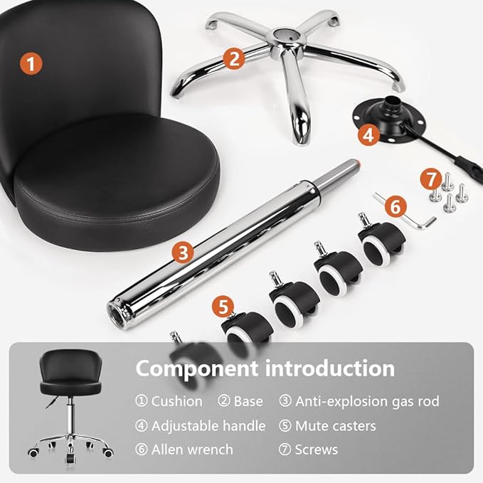 KKTONER Rolling Vanity Chair with Backrest Height Adjustable Office Chair PU Leather Swivel Drafting Stool with Wheels (Black)