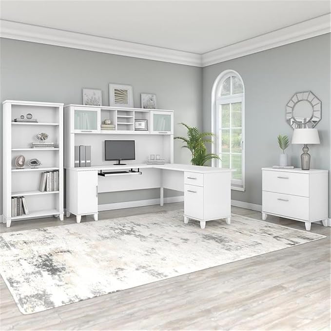 Pemberly Row 72W L Shaped Desk Set with Hutch, Storage, Lateral File Cabinet, and 5 Shelf Bookcase, Engineered Wood, White Finish, Functional Home Office Furniture
