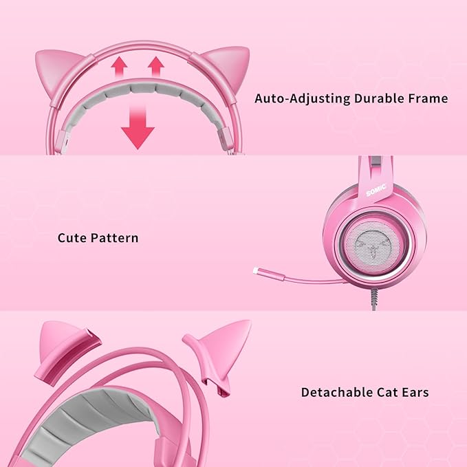SOMIC G951s Pink Stereo Gaming Headset with Mic for PS4,Xbox,PC,Mobile Phone,3.5mm Noise Reduction Cat Ear Headphones Lightweight Over Ear Headphones for Woman