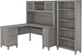 Bush Home Somerset 60W L Shaped Desk with Hutch and 5 Shelf Bookcase in Platinum Gray