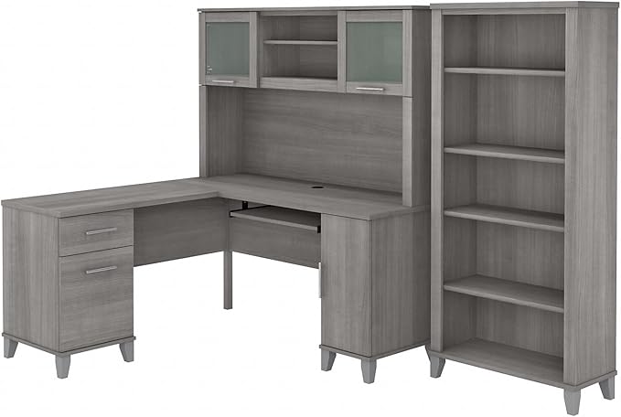 Bush Home Somerset 60W L Shaped Desk with Hutch and 5 Shelf Bookcase in Platinum Gray