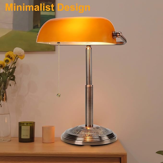 LINNMON Bankers Desk Lamp, Amber Retro Lamp, Vintage Lamp with Pull Chain Switch for Home Office (Copper+Amber)