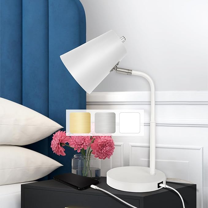 Adjustable Desk Lamp with USB-C Charging Port, 15.5 inches, White (White with White Shade)