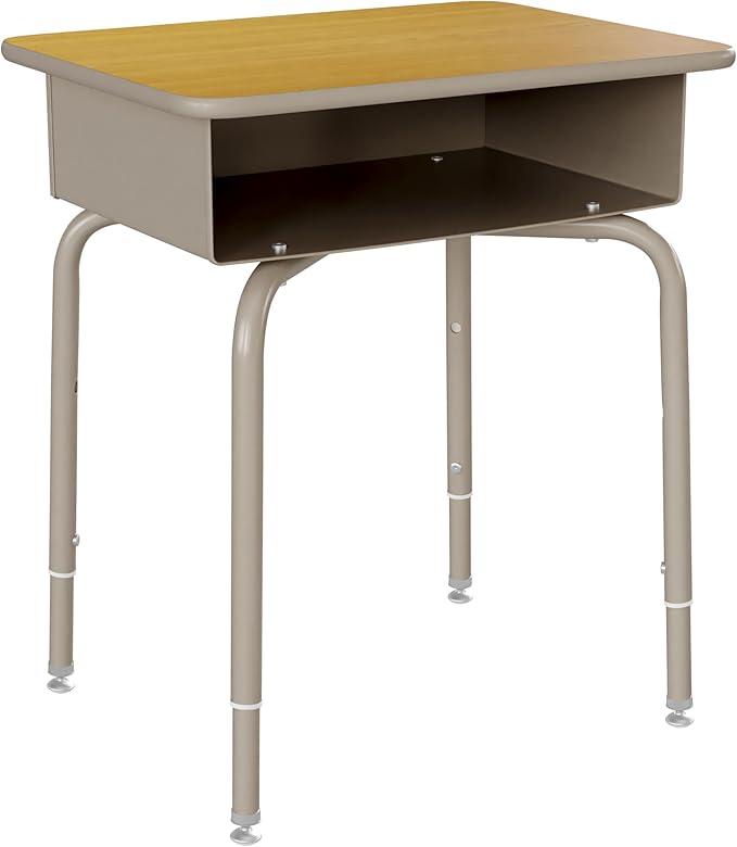 EMMA + OLIVER Jacobs Desk/Stackable Ergonomic Chair Set, Flex Comfort Seat Back, Adjusting Desk Legs, Metal Open Front Storage Box, Maple Desktop/Navy Chair