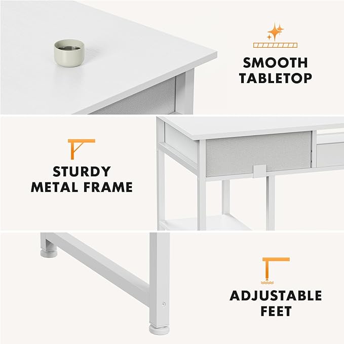 Sweetcrispy Desk with 3 Fabric Drawers, Computer Office 48 Inch Gaming Writing Study 4 Storage Shelves Table for Home Office Bedroom PC Desk, White