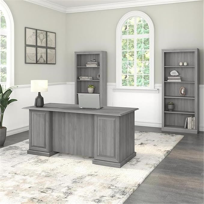 Bush Furniture Saratoga Executive Desk and Bookcase Set in Modern Gray