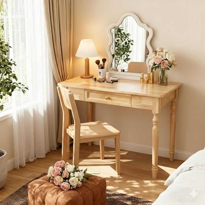 31.5in Country Desk and Chair Set, Home Office Computer Desk with Ergonomic Office Chair, Wooden Writing Desk Study Table, for Bedroom, Office or Student Workstation(Nature,31.5'' x 23.6'' x 29.5'')