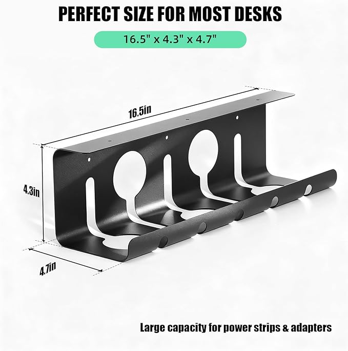 Under Desk Cable Management Tray, 16.5" L x 4.7" W x 4.3" H, 2 Pack Under Desk Cable Tray, Wire Organizer for Power Strip, Tape Mount or Screw Mount, Easy Install Cord Raceway for Desk & Home