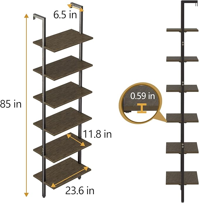 Wolawu Ladder Shelf Black 6 Tiers Modern Bookshelf Room Organizer Open Tall Wall Mount Bookcase Standing Leaning Wall Shelves Industrial Decorative Living Room Bed Room (Brown)