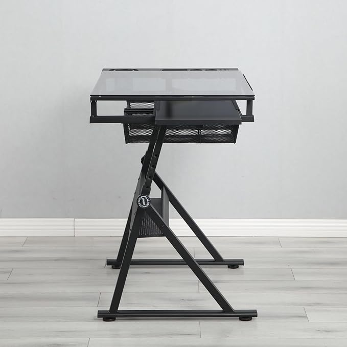 Drafting Table Desk, Painting Table Art Craft Desk Crafting Table with Tilting Tempered Glass Top, 2 Storage Drawers, Height Adjustable