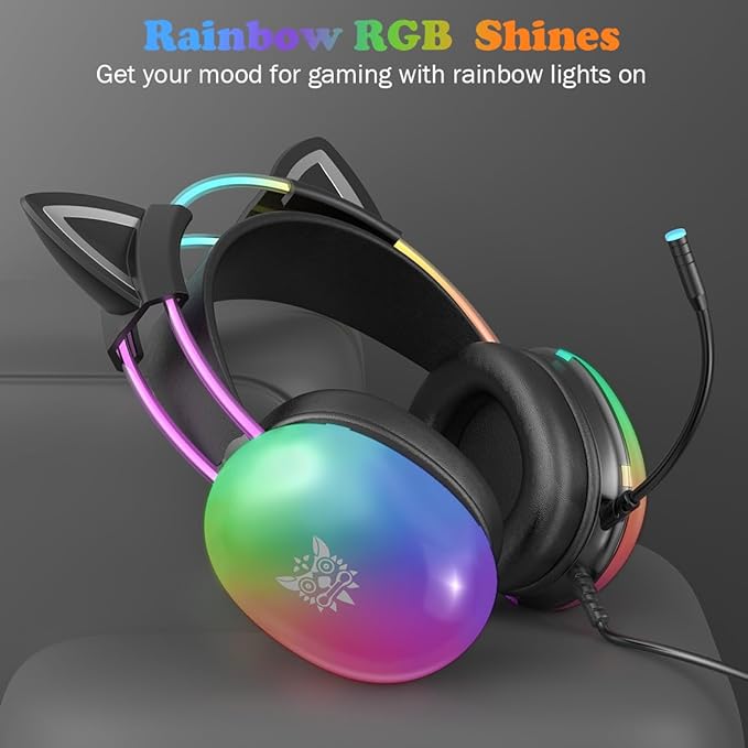 Cat Ear Gaming Headset with Microphone, RGB Rainbow Lighting, Surround Sound, 3.5mm Wired Over-Ear Headphones for PC/PS4/PS5/Switch/Laptop, Lightweight and Adjustable Headband