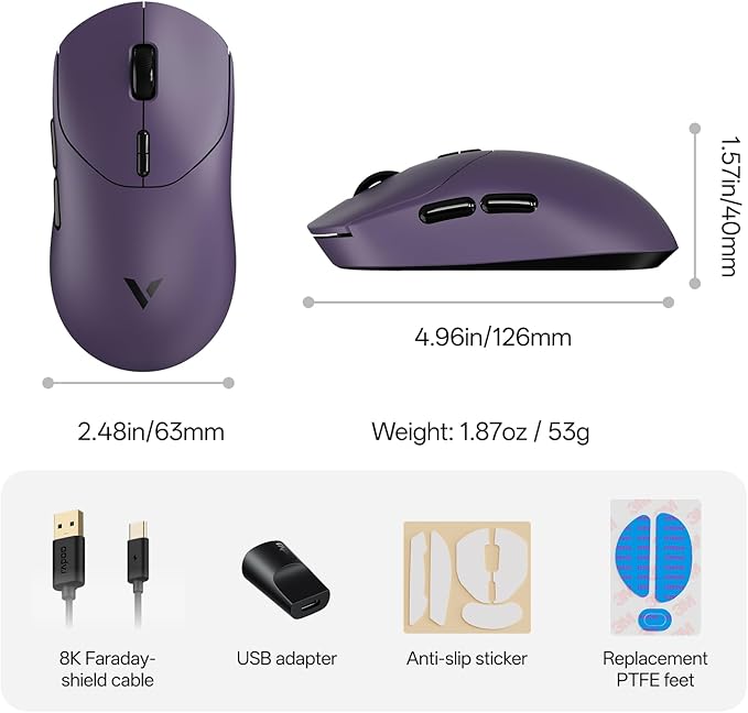 Rapoo VT2 Wireless Gaming Mouse, True 8K Wireless Polling Rate, 53g Lightweight, Up to 750 Hr Battery, Nordic nRF54L15 MCU, 100-Million Mechanical Switch, 10 Programmable Buttons, Macro Enabled