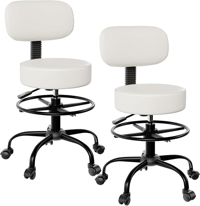 Drafting Chair with Back Support, Adjustable Foot Rest Rolling Stool, 360° Swivel Office Desk Chair with Wheels, Thick Seat Cushion for Home Bar Salon Tattoo Shop (2, White)