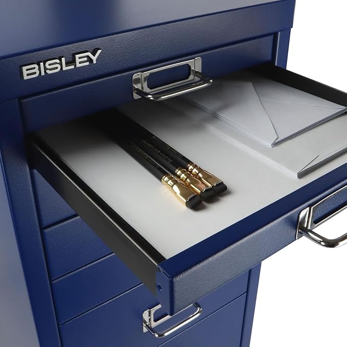 Bisley 8-Drawer Steel MultiDrawer Cabinet - Oxford Blue, Chrome Pull Handles with Label Holders, Powder-Coated Steel, Removable Drawers, Fits Under Most Desks, Labels Included