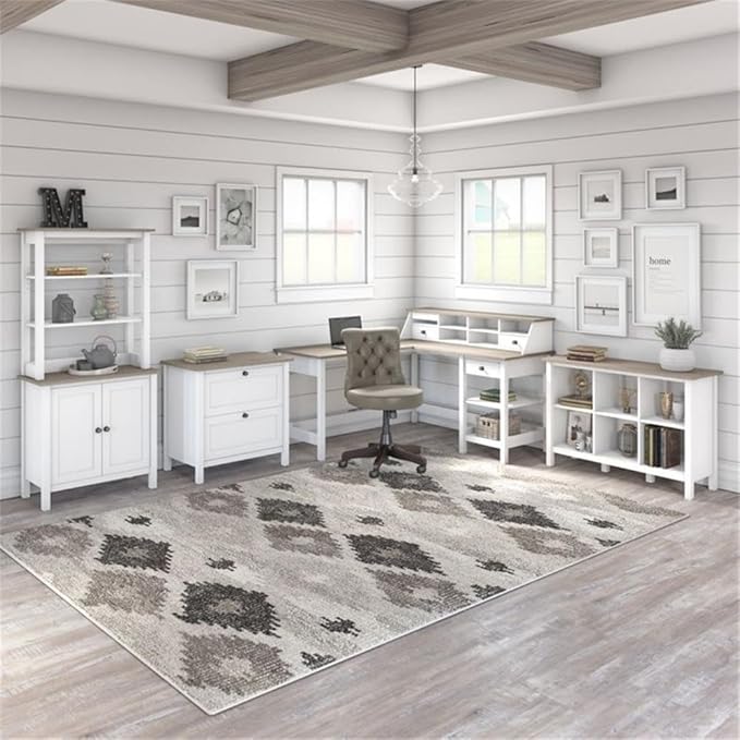 UrbanPro 60W L Shaped Computer Desk, Shiplap Gray/White Finish, Engineered Wood, Modern Farmhouse Style with Storage Shelves and Drawer, Home Office Corner Desk