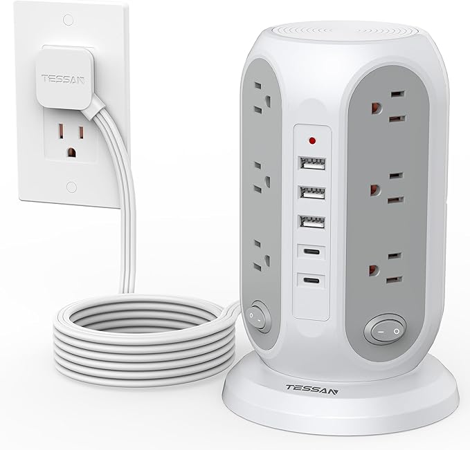 TESSAN Tower Power Strip with Individual Switches, Surge Protector with 12 Outlets, 5 USB Ports(2 USB C), Flat Extension Cord 10 Ft, 1250W, Charging Station for Multiple Devices, Office, Dorm, Grey