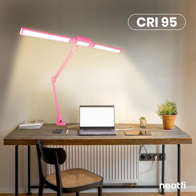 Neatfi LED Desk Lamp | 3,000 Lumens | Dimmable 30W Desk Light | 360 SMD LEDs | CRI 95 | Adjustable Color Temperature | Task Lamp for Home, Office, or Workbench (Pink, 41-Inch, CCT with Clamp)