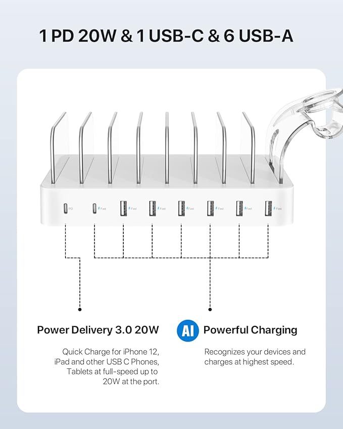 SooPii 8-Port USB-C Charging Station for Multiple Devices, with 1 PD 20W Port Supports Fast Charging, 8pcs Mixed Charging Cables and 1pcs Upgraded Holder for lWatch Charger & Air-Pods, White