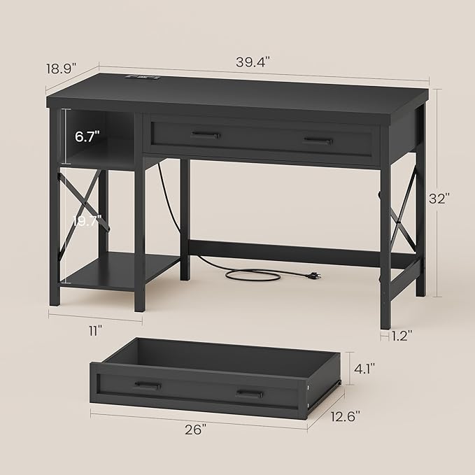 SEDETA 40" Small Computer Desk, Farmhouse Small Desk with Drawer & Storage Shelves, Writing Desk with Power Outlet, Study Table, Desk for Bedroom, Home Office, Black