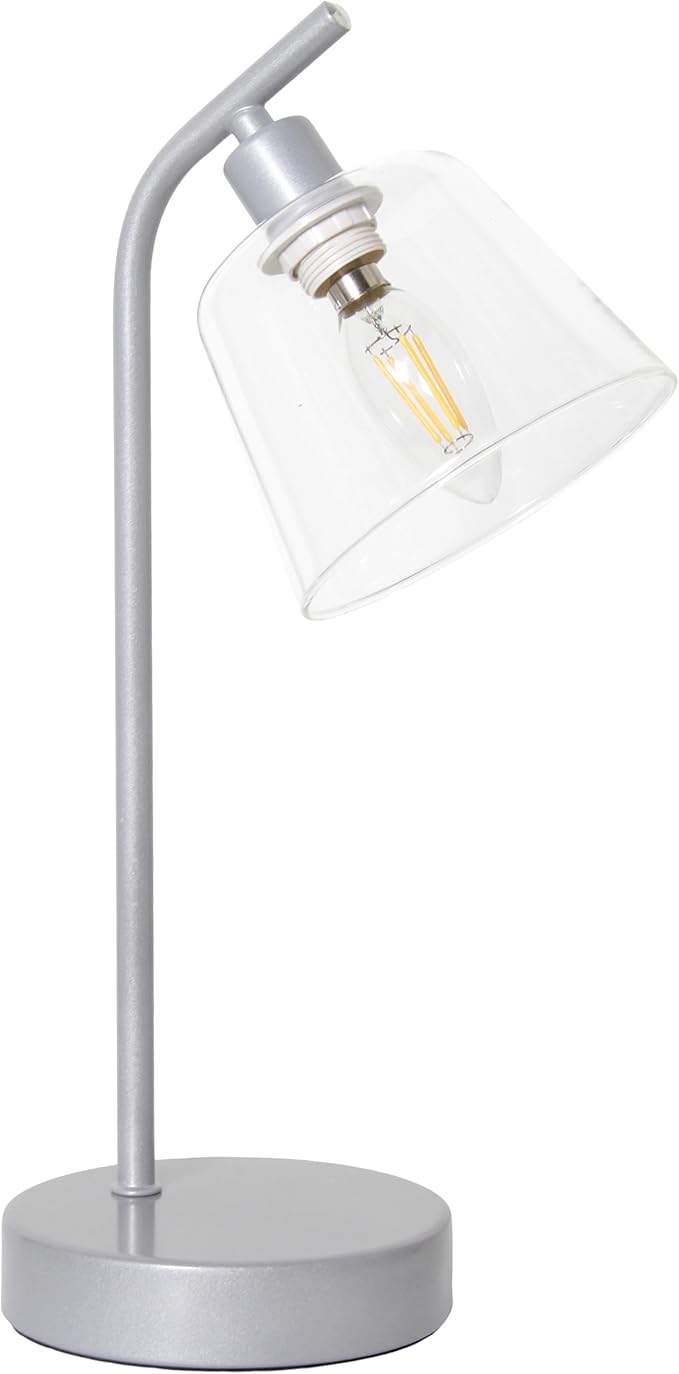 Simple Designs LD1080-SLV 16" Sleek Essentials Modern Industrial Metal Desk Lamp with Clear Glass Shade, for Office, Desk, Nightstand, Dorm, Silver