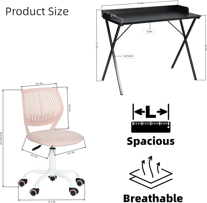 Homy Casa Modern Home Office Desk and Chair Set, Black X-Frame Computer Desk with Pink Ergonomic 360° Swivel Task Chair with Height Adjustment, 47.2 x 19.9 Inch Study Workstation