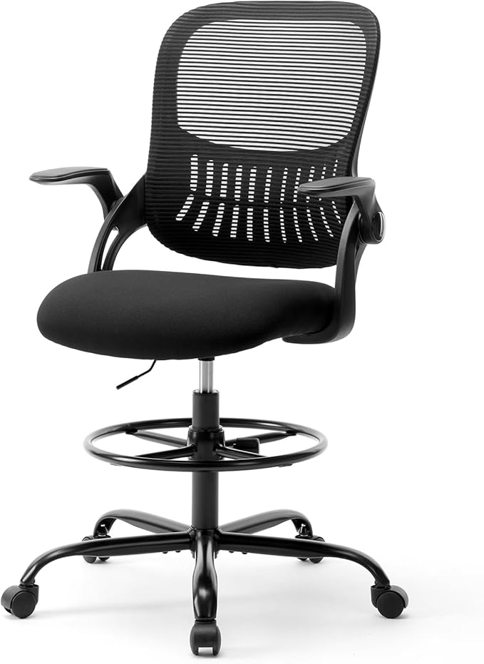 DUMOS Drafting Chair with Flip-up Arms, Tall Office Standing Desk Chair with 360° Rolling Chair, Counter Height Adjustable Ergonomic Mesh Computer Chair, New Black