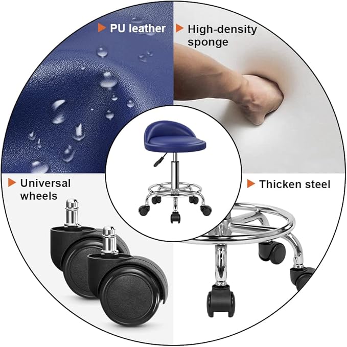 KKTONER PU Leather Round Rolling Stool with Foot Rest Height Adjustable Swivel Drafting Work SPA Task Chair with Wheels (Blue)