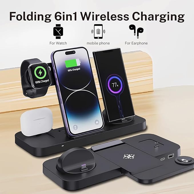 6-in-1 Fast Wireless Charging Station for iPhone 16/15/14/13, Apple Watch Ultra/9/8, AirPods Pro,18W Qi-Certified (B21A-C-BLACK)