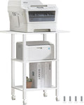 YUFAM White 3 Tier Home Printer Stand with Storage, Wooden Mobile Printer Table Shelf, Rolling Printer Cart Shelf with Lockable Wheels fit Fax Machine, Scanner