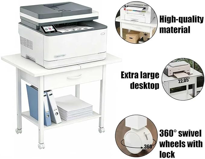22" x 15" Under Desk Rolling Printer Stand, 2-Tier Industrial Mobile Printer Table with Strong Fabric Drawer, Storage Shelf, Steel Frame and Lockable Wheels, Printer Cart for Home Office (White)