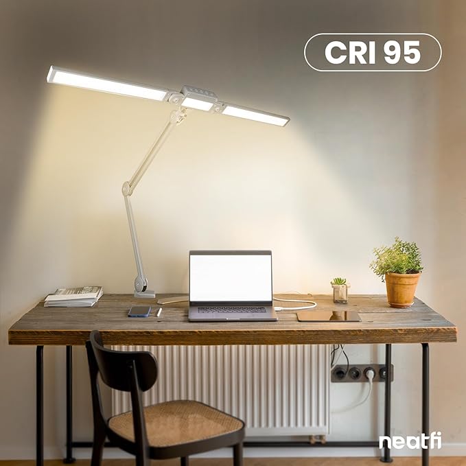 Neatfi LED Desk Lamp | 3,000 Lumens | Dimmable 30W Desk Light | 360 SMD LEDs | CRI 95 | Adjustable Color Temperature | Task Lamp for Home, Office, or Workbench (Silver, 41-Inch, CCT with Clamp)
