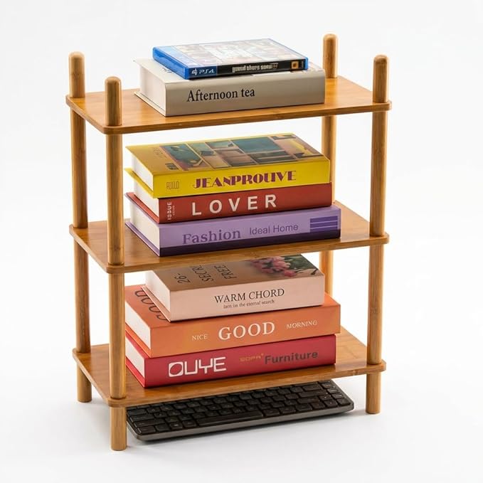 3-Tier Expandable Bamboo Desktop Organizer Shelf Kitchen Cabinet and Counter Riser Display Shelf for Top of Desk Home Office Bathroom Coffee Table Display Stand (1, Natural, 3-Tier)