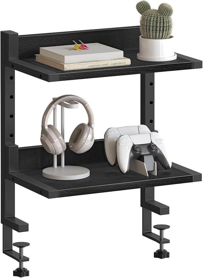 HOOBRO Clamp On Desk Shelf, 2-Tier Desktop Organizer, Space-Saving Desk Shelf with Adjustable Shelves, for Office, Study, Entertainment Accessories, Black BK32SJ01