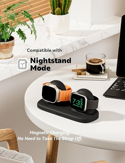ELETIUO Dual Charger Stand Compatible with Apple Watch Series 49/46/45/44/42/41/40/38mm iWatch Ultra2/Ultra/10/9/8/SE2/7/6/SE/5/4/3/2/1,Silicone Dock Organizer Supports Night Stand Mode,Black