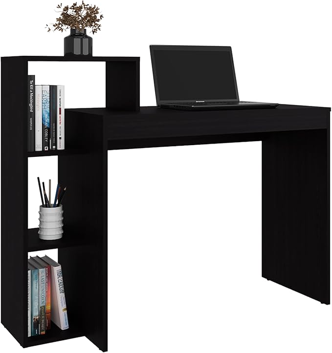 FM FURNITURE Salomé Computer Desk with Open Storage, Wenge Integrated storage: Features a side shelving unit with three open compartments for books, decorations, or office supplies. Made from melami