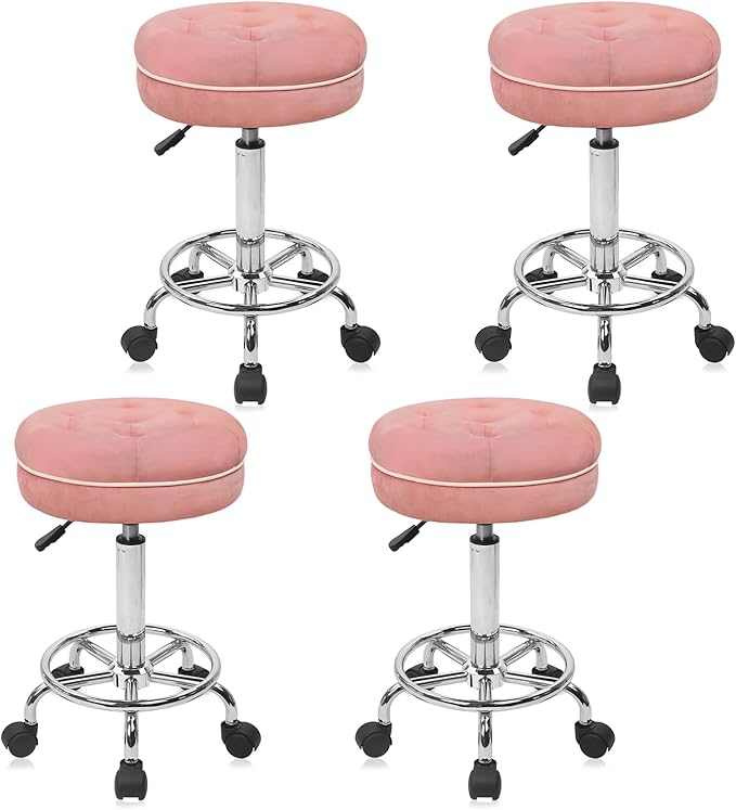KLASIKA Velet Rolling Bar Stool with Wheels, Tall Drafting Stool with Adjustable Height and Footrest, Multi-Purpose Office Desk Chair for Home Kitchen Shop Work, Pink (4PK)