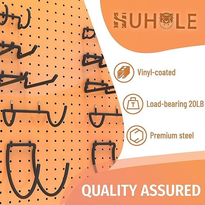 HUHOLE 10-Pack Heavy Duty Pegboard Hooks for Power Tools & Garage Organization, Vinyl-Coated Steel Drill Holders & Utility Hangers, Fits Standard 1/4" Pegboards (Black) | Heavy Duty, for Power Tools, Drill, Hammer, Cord