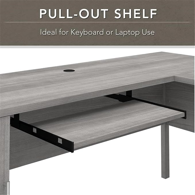 UrbanPro 72W L Shaped Desk Set with Hutch, Storage, File Cabinet & Bookcase, Engineered Wood in Gray, Pull-Out Tray, Frosted Glass Doors, Adjustable Shelves, Home Office Furniture
