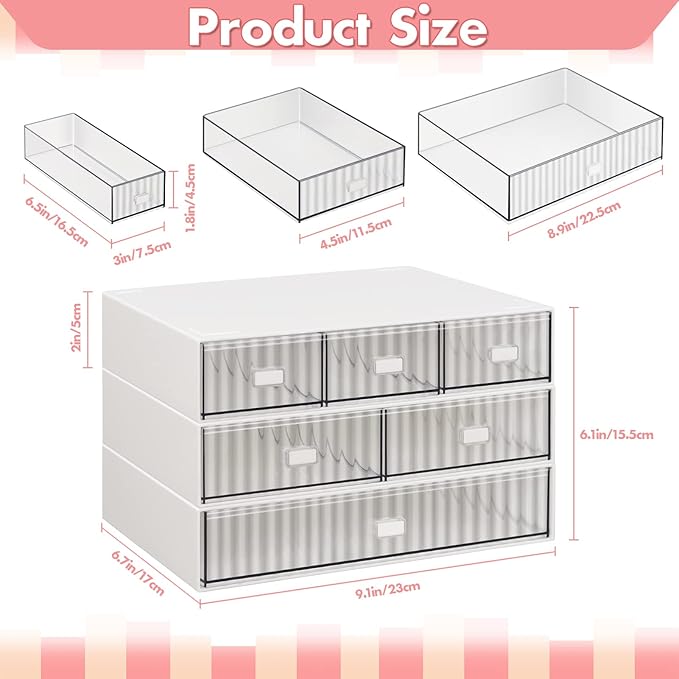 3 Tier Stackable Desk Organizer with 6 Drawers, YOCOMEY Plastic Desktop Storage Box Drawers, Detachable Makeup Storage Office Stationery Supplies Organizer for Office School(White)