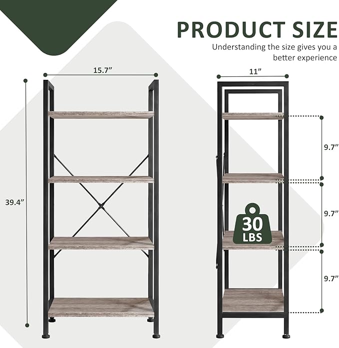 4 Tier Bookshelf, Free Standing Wooden Bookcase with Open Storage Shelves with Metal Frame, Sturdy Shelf Organization Display Rack for Living Room, Bedroom, Home Office, 39.4" Tall, Grey