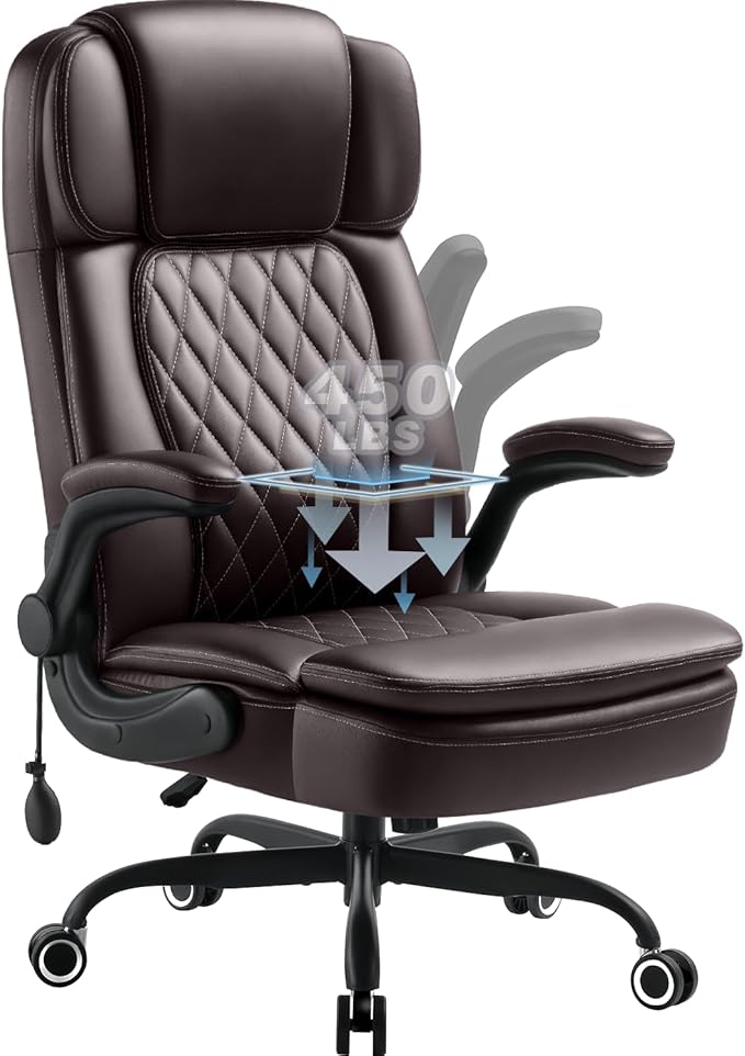 450LBS Big and Tall Executive Office Chair with Flip up Arm,Heavy Duty PU Leather Computer Desk Chair,Comfortable High Back Swivel Home Office Chair with Rolling for Adults,Spring Cushion,Metal Base
