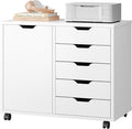 DUMOS 5 Drawer File Cabinet Office Drawers Organizer with Wheels Rolliing, Under Desk Cabinets with Shelves and Door Printer Stand with Wood Board Metal Frame for Home Office Storage Craft Room, White
