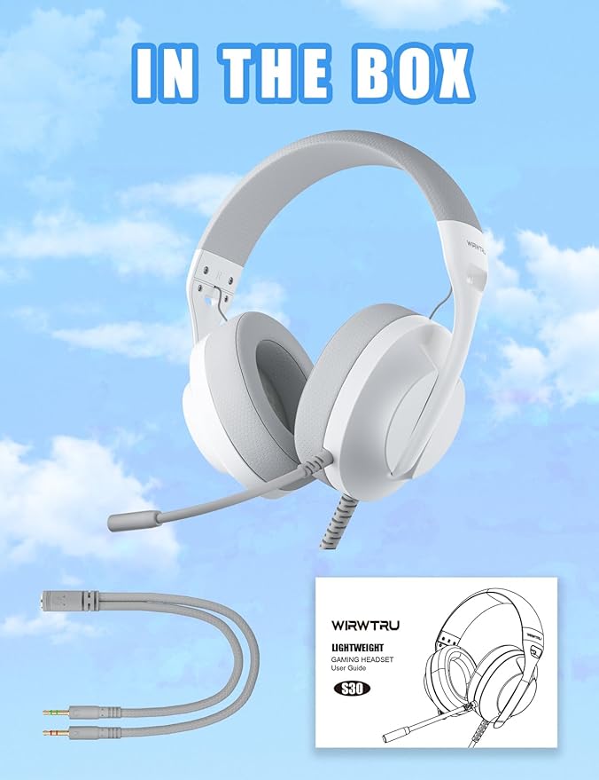 WIRWTRU S30 Gaming Headset with Microphone,198g Lightweight Design, Wired Gaming Headphones for Xbox, Xbox Series X|S, PS5, PS4, Switch, PC, Noise Cancelling Mic, Soft Earmuffs (White)