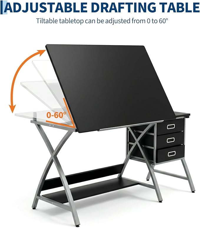 Garvee Tabletop Adjustable Drafting Table, Drawing Table for Adults, Drafting Desk Art Desk with Stool & 3 Storage Drawers, Modern Painting Studio Work Station for Home Office, 50.5 x 24 x 45 inch